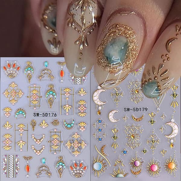 Bohemian Nail Decals - 2 Sheets 5D Embossed Star, Sun & Moon Self-Adhesive Nail Stickers