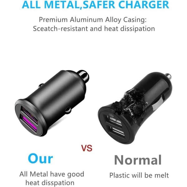 USB Biloplader – Dobbelt QC3.0 36W/7.2A fuldmetal mini hurtigoplader til iPhone & Galaxy serier