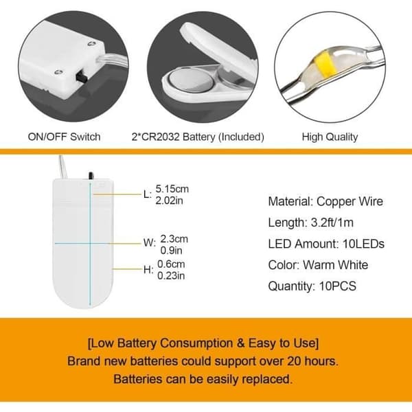 Lyskæde - 1M - 10 LED'er - Varm Hvid - Batteridrevet