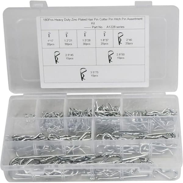 180 stk. splittebolte, 8 størrelser R-clips, låsestifter, R-formede splittebolte, sortimentssæt