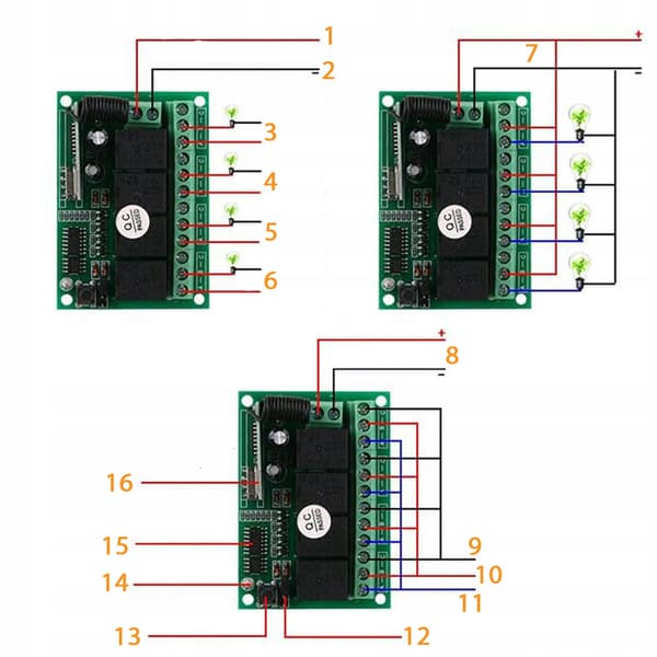Relemodul med Fjernkontroll 433MHz – 4 Kanaler | Rekkevidde 100M | 12V DC | Programmerbare Moduser