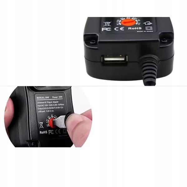 Universal Strømforsyning 30W – Justerbar Spænding 3–12V | 1.2A | 8 Stik inkl. Micro USB, LED | USB | EU-Stik