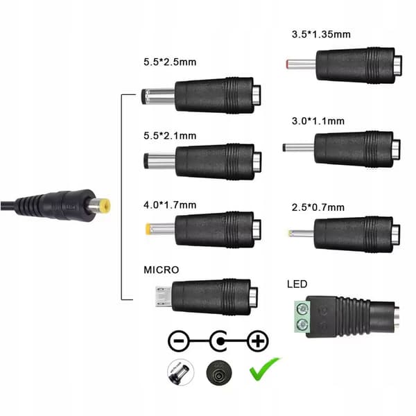 Yleiskäyttöinen Virtalähde 30W – Säädettävä Jännite 3–12V | 1.2A | 8 Päätyä, Micro USB, LED | USB | EU-Pistoke
