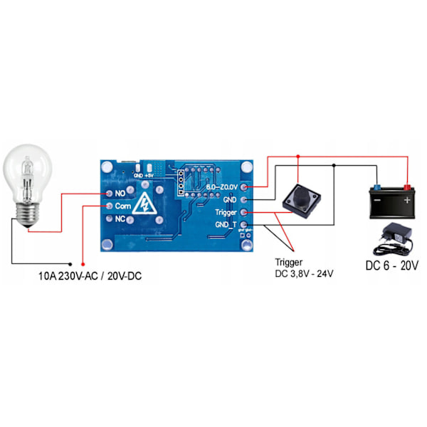 Tidsrelémodul Micro USB – Programmerbar Timer | 6-20V, 0-999 Minutter | 10A Reléutgang