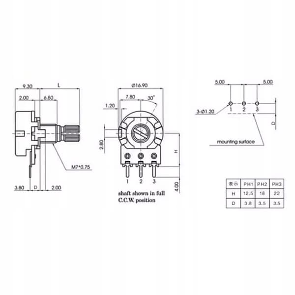 Lineær Potensiometer B10K 10K Ohm – Metallhus | 15Mm Aksel | 300° Rotasjon | for PCB-Montering