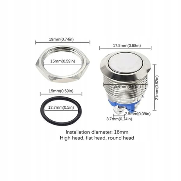 Selvreset LED Trykknap 12V-24V – Vandalresistent | Hvid Ring | Rustfrit Stål Fi16 Mm