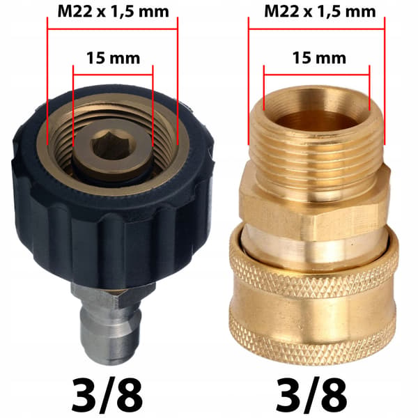 PowerLink Drejeadapter M22X1.5 til 3/8 Lynkobling – Rustfrit Stal og Messing | 4000 PSI | til Hogtryksrenser