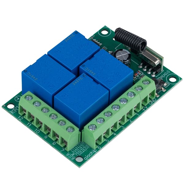 Relemodul med Fjernkontroll 433MHz – 4 Kanaler | Rekkevidde 100M | 12V DC | Programmerbare Moduser