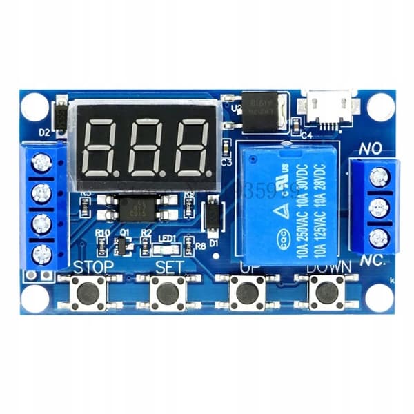 Tidsrelæ Modul Micro USB – Programmerbar Timer | 6-20V, 0-999 Minutter | 10A Relæudgang