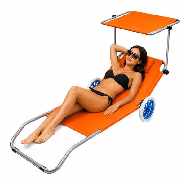 Fällbar orange strandstol - LEAN - Justerbart solskydd - Med hjul - Aluminiumram Apelsin
