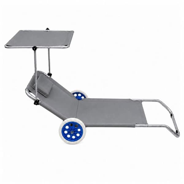 Fällbar strandstol i grå aluminium - LEAN - Justerbart solskydd - Nackstöd - 2 hjul - 150 x 60 cm Grå