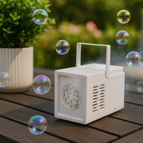Automatisk bubbelmaskin vit - LEAN - 10 bubbelhål - Drivs av 4 AA-batterier - Plast - START-knapp Vit