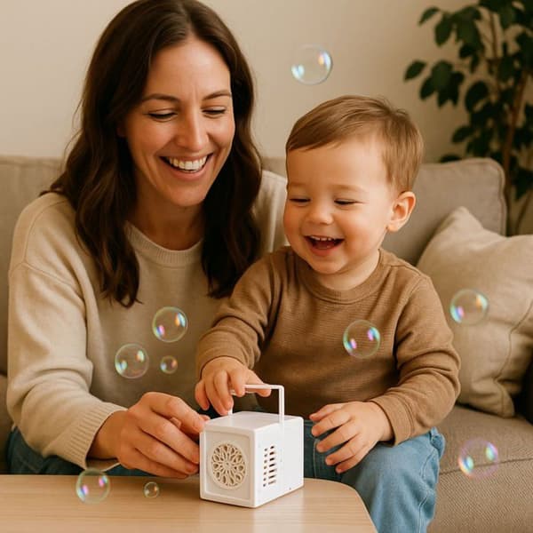 Automatisk bubbelmaskin vit - LEAN - 10 bubbelhål - Drivs av 4 AA-batterier - Plast - START-knapp Vit