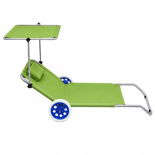 Grön hopfällbar strandstol i aluminium - LEAN - Justerbart solskydd - Nackstöd - 2 hjul Grön