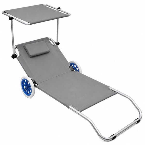 Fällbar strandstol i grå aluminium - LEAN - Justerbart solskydd - Nackstöd - 2 hjul - 150 x 60 cm Grå