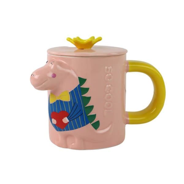 Rosa dinosaurieinfuserkopp - LEAN Toys - 400 ml - Tjockt glas - 3D dinosauriemönster - Lock - Lång sked rosa, mångfärgad