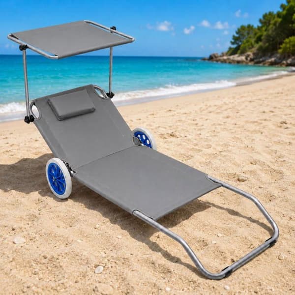 Fällbar strandstol i grå aluminium - LEAN - Justerbart solskydd - Nackstöd - 2 hjul - 150 x 60 cm Grå