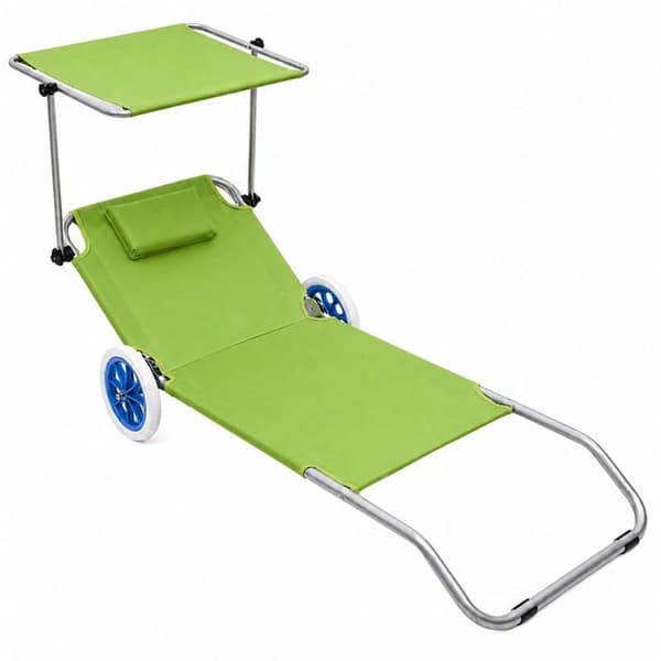 Grön hopfällbar strandstol i aluminium - LEAN - Justerbart solskydd - Nackstöd - 2 hjul Grön