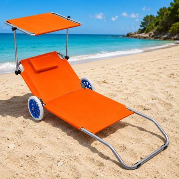 Fällbar orange strandstol - LEAN - Justerbart solskydd - Med hjul - Aluminiumram Apelsin