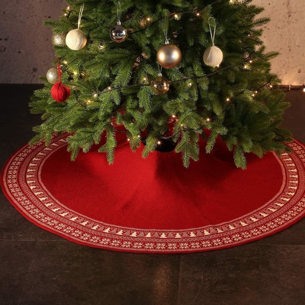 48 tums stickad julgranskjol, vintage snöflingaträdkjol för juldekorationer Lyxiga julgransprydnader (röd, diam)