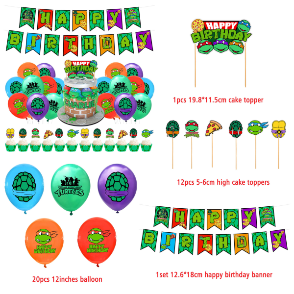 2-PACK Teenage Mutant Ninja Turtles Tema Børnefødselsdagsfest dekorationssæt Alfabet Flag Kage Indsæt Flag Indsæt række Latex ballon full set