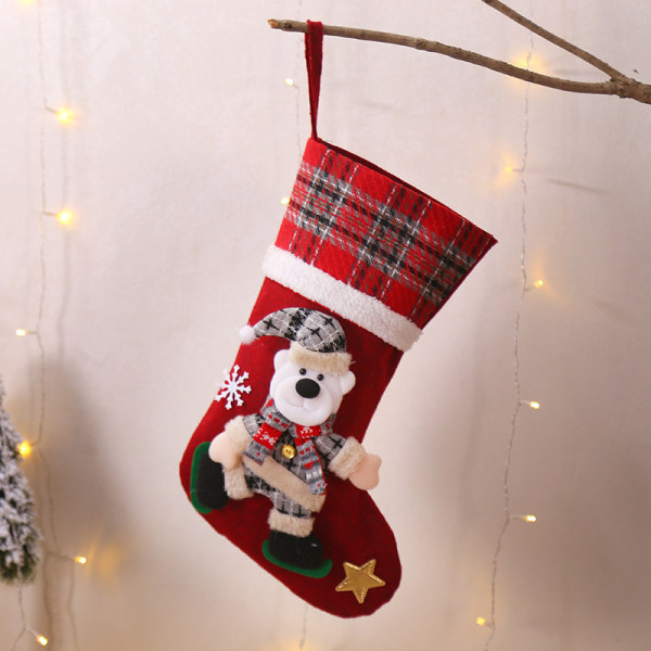 Julestrømper, 3 sett julegavepose dekorasjon gavebjørn, snømann, julenissepynt Godteripose julepyntstrømpe, rutete Chri
