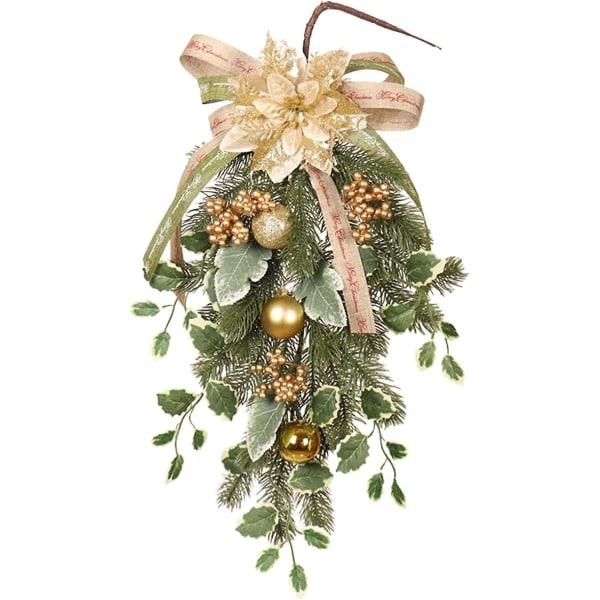 Kunstig juletåredråbe swag med gyldne perler, julekrans julekrans væghængende dekoration dør swag festlige ornamenter