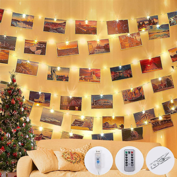 [2 Pack] Fotoclips-lys, 120 LED 12m/40ft 8-tilstande lys Vandtætte Udendørs/indendørs kobberlys med 60 fotoclips til soveværelse, par.