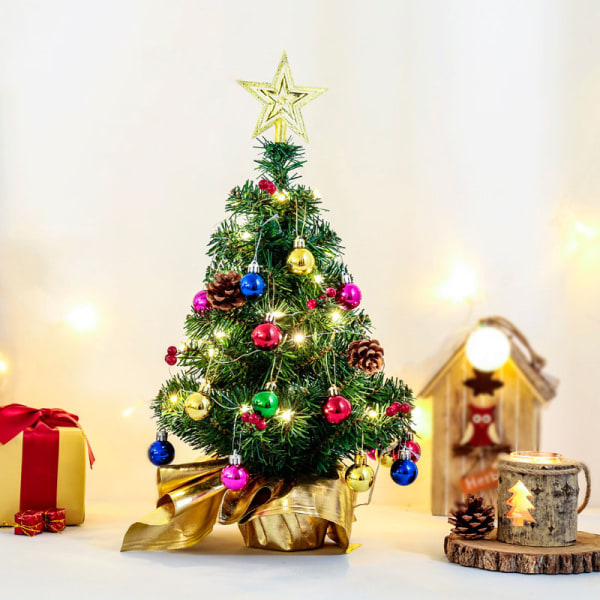 45 cm:n minikeinotekoinen joulukuusi pöytäjalkainen joulukuusi joulukorupalloilla, pieni ruukkukuusi ja joulukuusentähti Ch:lle