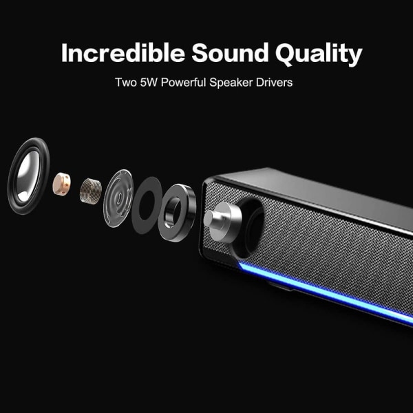 USB Bluetooth Sound Bar for stasjonær datamaskin, doble høyttalere, høyt volum og subwoofer - svart