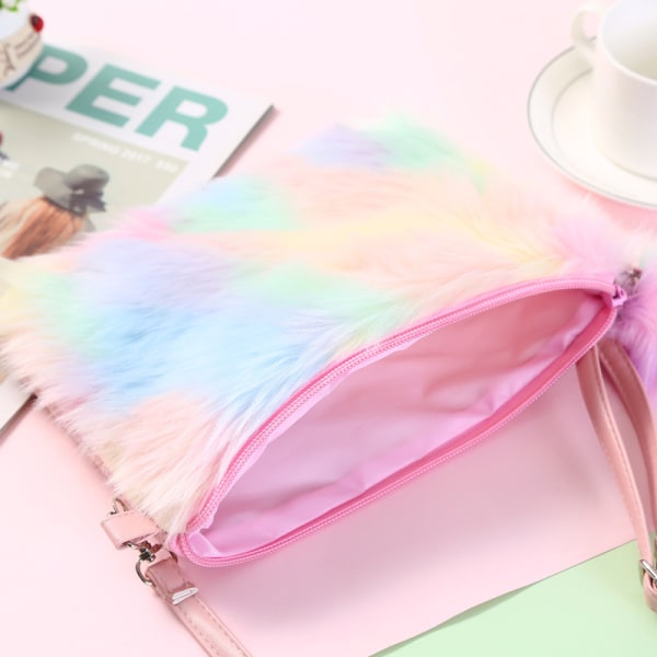 2 stycken 2 stilar 9*6,5" flickor fluffig plyschväska för barn Plysch Tie Dye Rainbow Crossbody Plånbok Plånbok Söt dagismyntväska Mobiltelefonväska