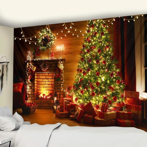 Farverig julebaggrundsvægtapet, julemand, rensdyr, træ og pejs til stuen Baggrundsvægophæng til hjemmet Julevæg