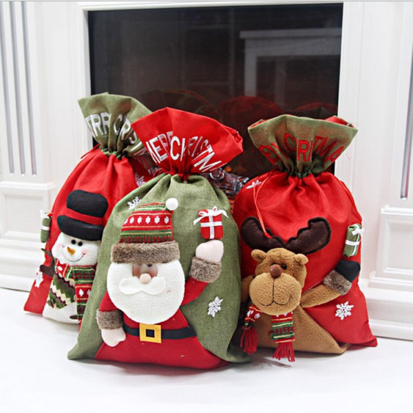 i 3-pak julelærredspose med snøre, julegavepose Slikpose Goody Treat-pose til slikindpakning, julepynt