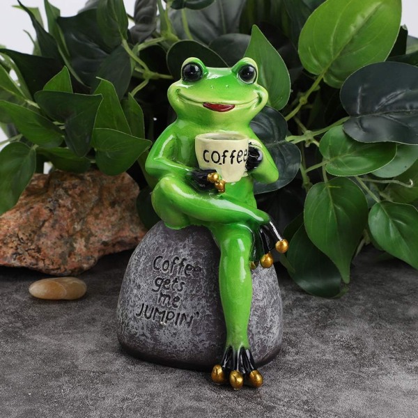 Kreativt håndverk Resin Froskefigur dekor, frosk sitter på steinstatue Drikker kaffeskulptur statue, personlig samleobjekter maskot fro