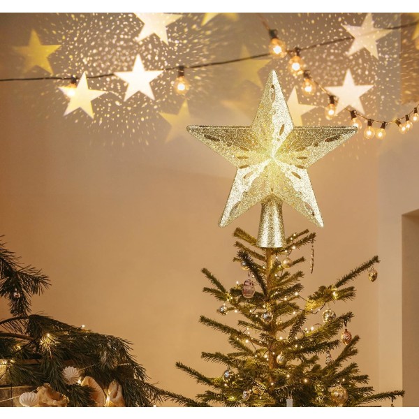 Christmas Tree Topper, 3D Roterande Light Up Julgransstjärna med stjärnform projektorlampa för inomhus utomhus julgranstopper dekoration, Go