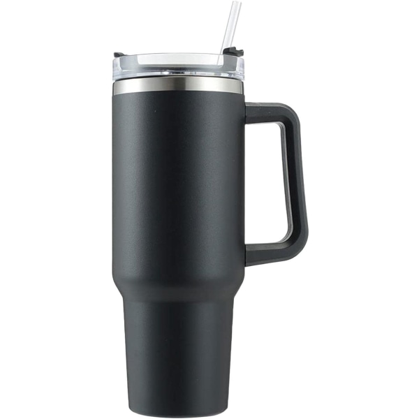Vattenflaska i rostfritt stål | Mugg med sugrör och håndtag | Lacksäker vakuumisolerad vannflaska for hett iskaffe (svart)