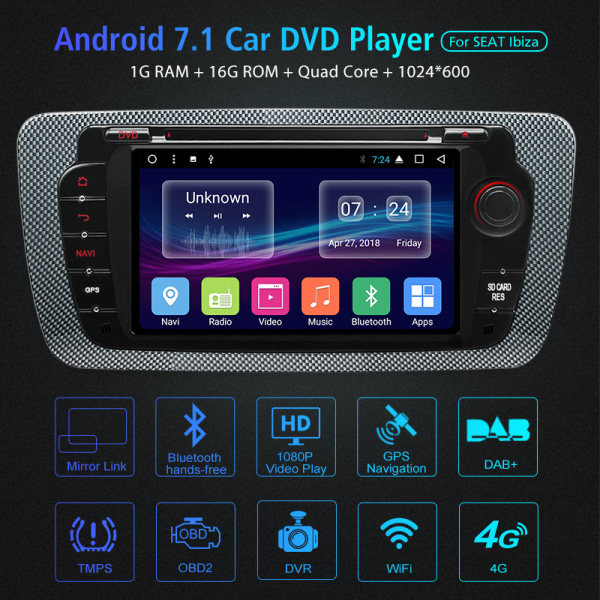 Grossist 2 Din Android 7.1 Car DVD Multimediaspelare för Seat Ibiza 2009-2013 GPS Navigation OBD2 RDS radio video ljudspelare