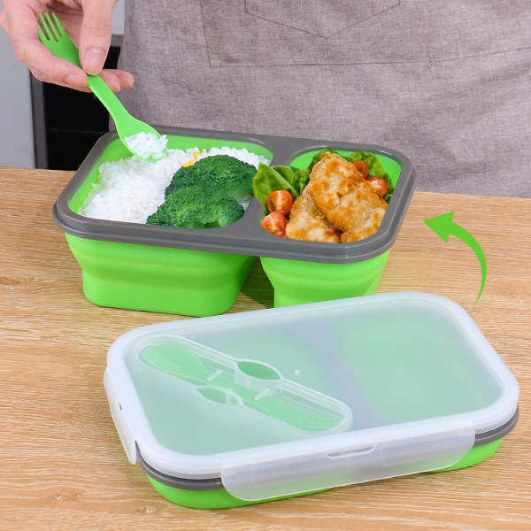 1 kpl Vihreä kaksiristikkoinen Bento Box Platinum Silikoni Elintarvikelaatuinen Silikoni Taitettava Lounaslaatikko Aikuisten Työ Lapset Kouluopiskelijat Piknik