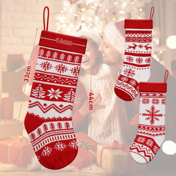 Store strikkede julestrømper sæt med 3, store rustikke julestrømper til familieferiepynt 44 * 14 CM, rød