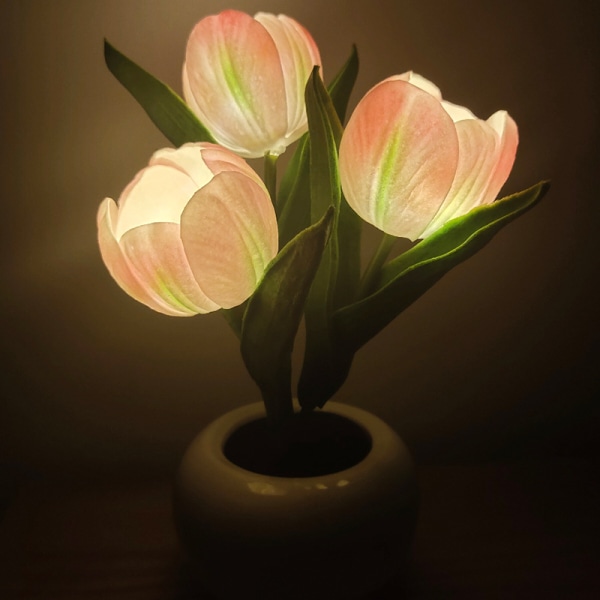 LED-tulppaani-kukkaruukun valosimulaatio kukkaruukun keraaminen valon tunnelmallinen yövalokoriste (vaaleanpunainen, 1 pakkaus)