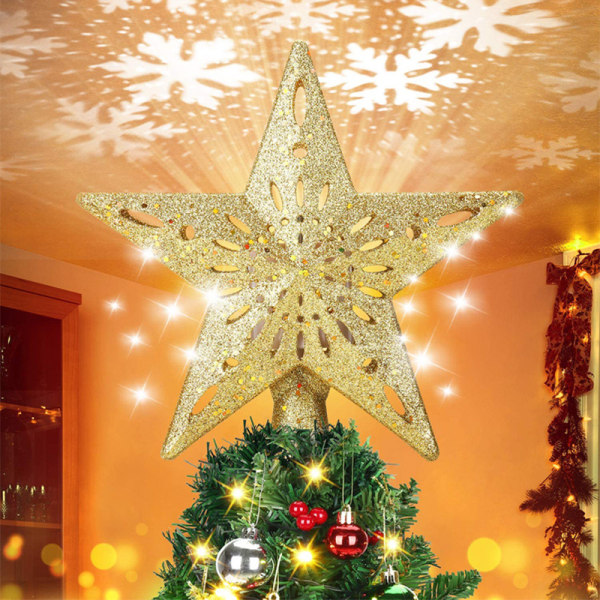 Christmas Tree Topper Star Led with Snowflakes Projector Light Tree Top Projector Christmas Replica (gull)