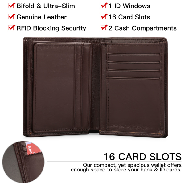Kort vertikal tyverisikringsbørste lommebok for menn, multikortbits, førstelags lærfotoalbum pluss fortykket lommebok (rød brun)