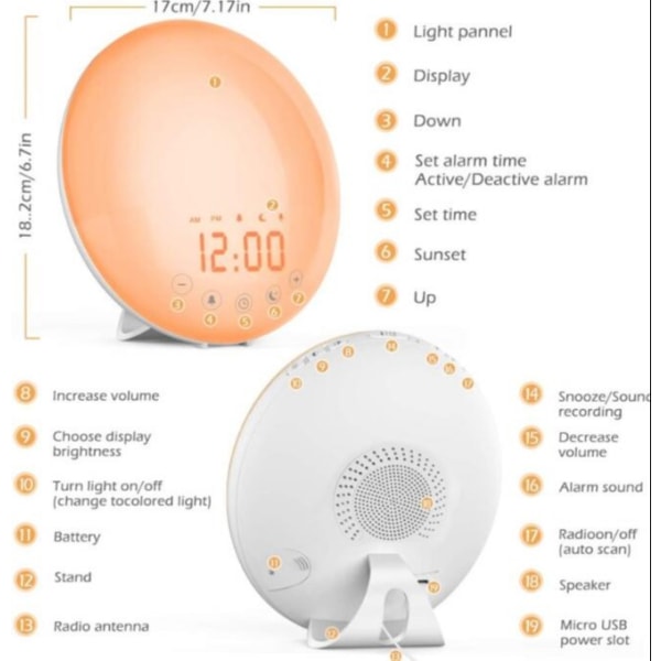 Snooze för larm- 【Sunrise Sunset Simulation】 Fm-radio & 7 naturliga ljud / 7 färger för vuxna och barn