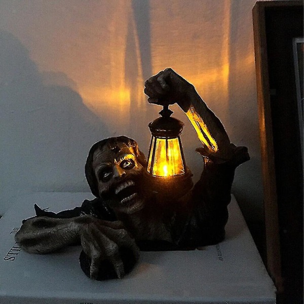Halloween-dekor krypende lykt-zombiestatue med led-lys harpikshåndverk Halloween-spøkelseshus Y