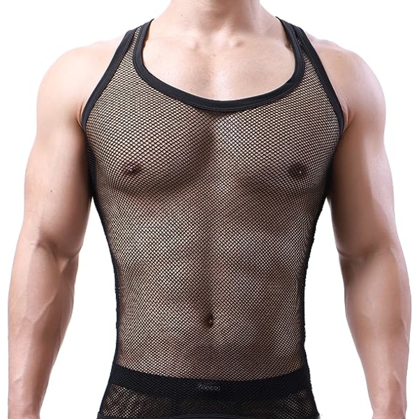 Sexet T-shirt til mænd Mesh Fishnet Ærmeløs sweater med udskæring Tanktop Cool (Sort XL)