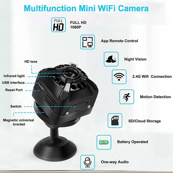 Piilotettu vakoilukamera Mini 1080p Langaton Wi-Fi-kamera Äänellä ja Live-videolla Kodin turvavalvontakamera ja liikkeentunnistus Night Vision App Con