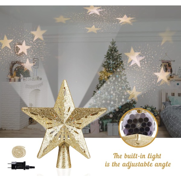 Juletræ Topper, 3D Roterende Lys Up Juletræ Stjerne med Stjerne Form Projektor Lampe til Indendørs Udendørs Jule Træ Topper Dekoration, Go