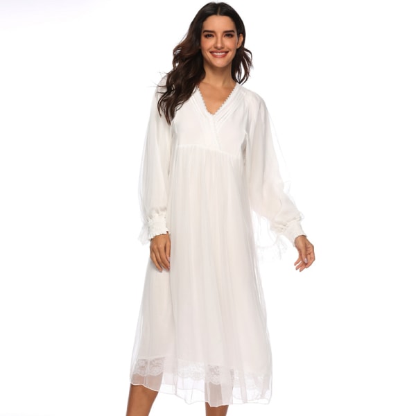 1-pakke langærmet lang hofnatkjole Sød og sød prinsessepyjamas Kvinders løse pyjamas hjemmetøj (hvid, M)