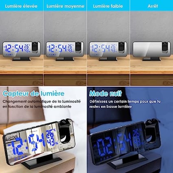 Takprojektor, väckarklockaradio for takprojektion, med 7,5 tums spegelskærm, USB-porttemperatur, dobbelt väckarklocka, 4 justerbar lysstyrke, digital