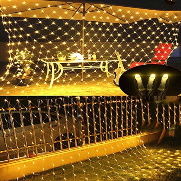 LED-ljus fiskenät, utomhus vattentät dekorativ vägglampa, stjärnhimmel bröllopsfestival ljus, 8 typer av ljusläge, 3 × 2 m gult ljus
